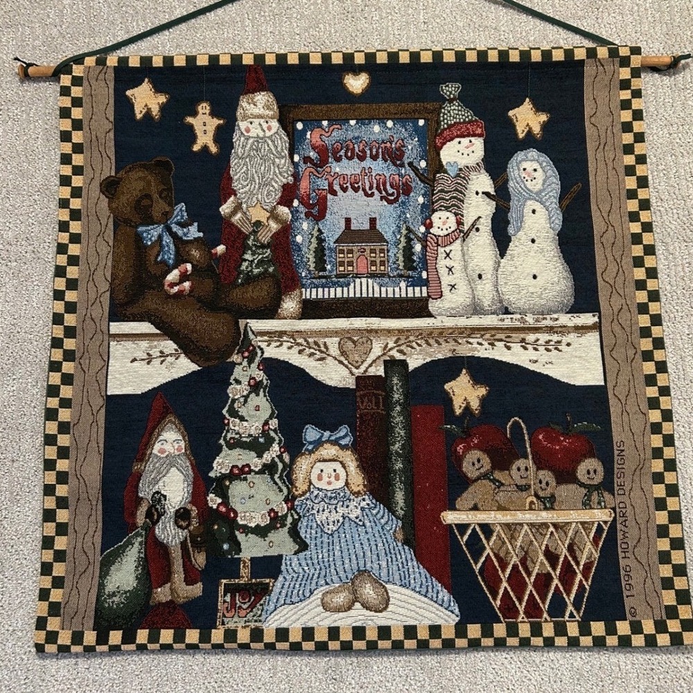 1996 Howard Designs "Seasons Greetings" Tapestry Wall Hanging Santa Christmas